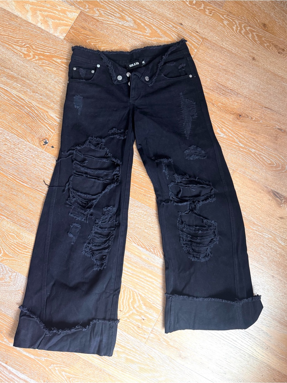 SER.O.YA Black Distressed Wide-Leg Jeans